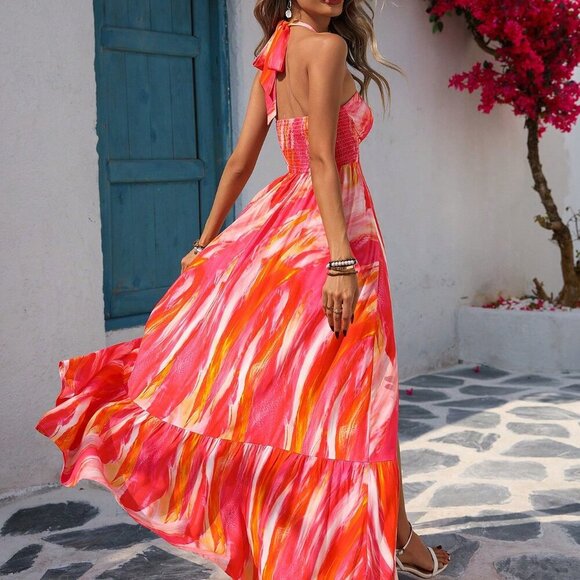Pink Boho Women's Beach Tie Dye Print Halter A-Line Cinched Waist Flowy Dress - Picture 2 of 7